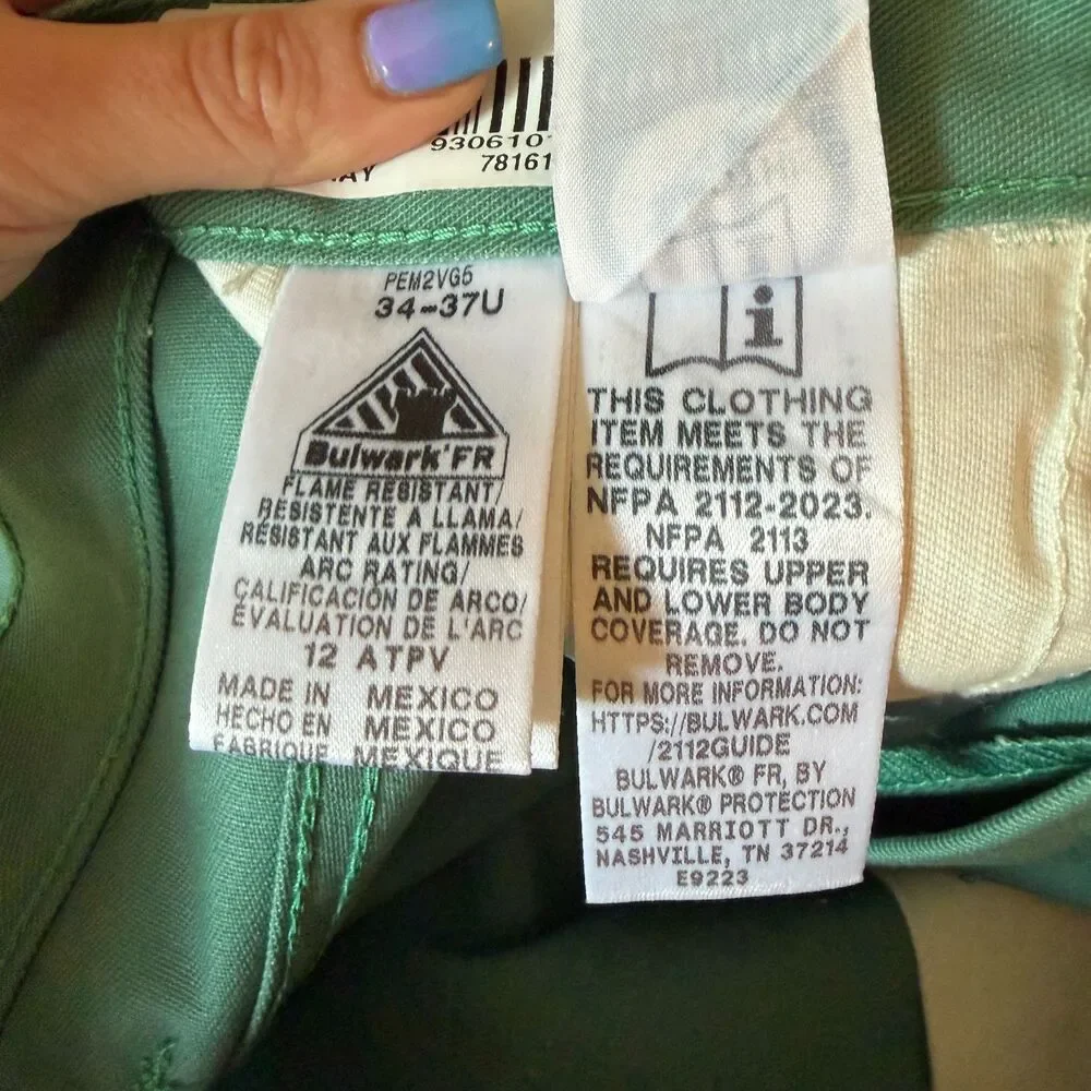 Bulwark RG03230 FR CAT 2 Pants 34x32 Green ATPV 12 NFPA 2112 NWOT Welder Molton